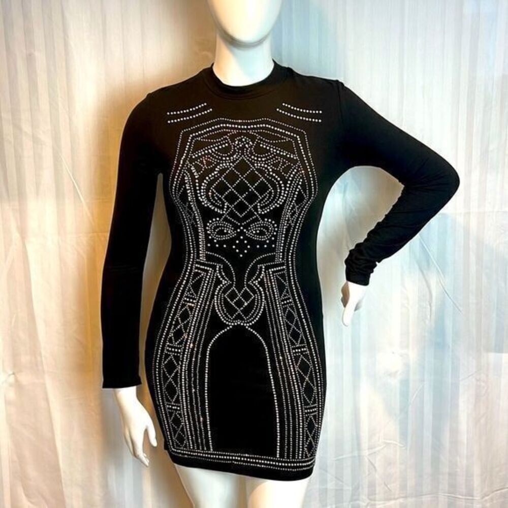 Say What? Rhinestone Embellished Beaded black Bodycon Dress Size L RefI60